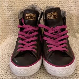 Women’s Converse high top sneakers, brown and pink, size 10.